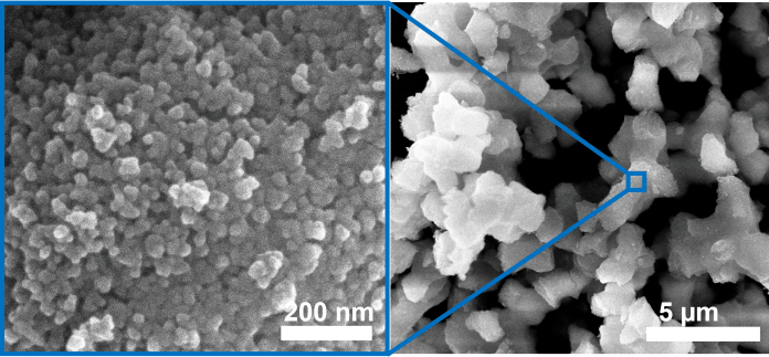  CAE - Bimodale Porosität in Silica-Xerogelen. Die Streben des makroporösen Netzwerks (rechts) sind selbst noch einmal mesoporös - 10-40 nm.